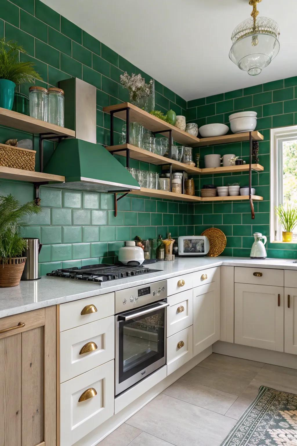 A stylish kitchen featuring open shelving against an emerald green backdrop.