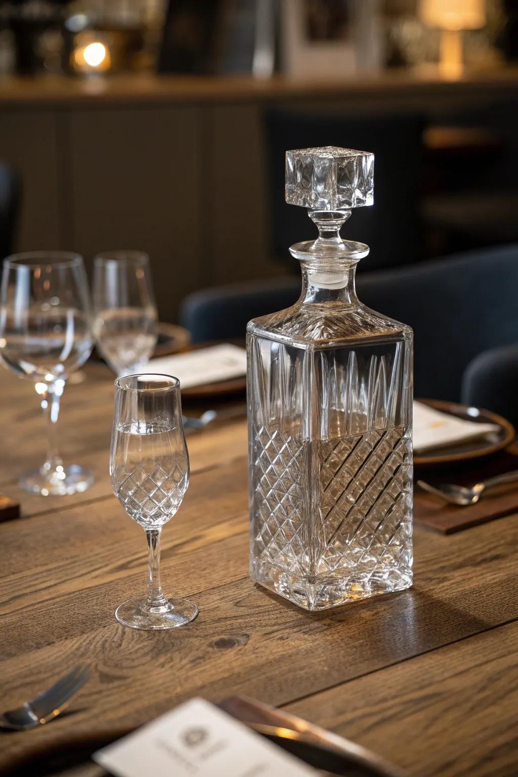 Transform your dining experience with an elegant touch of repurposed bourbon bottles as water decanters.