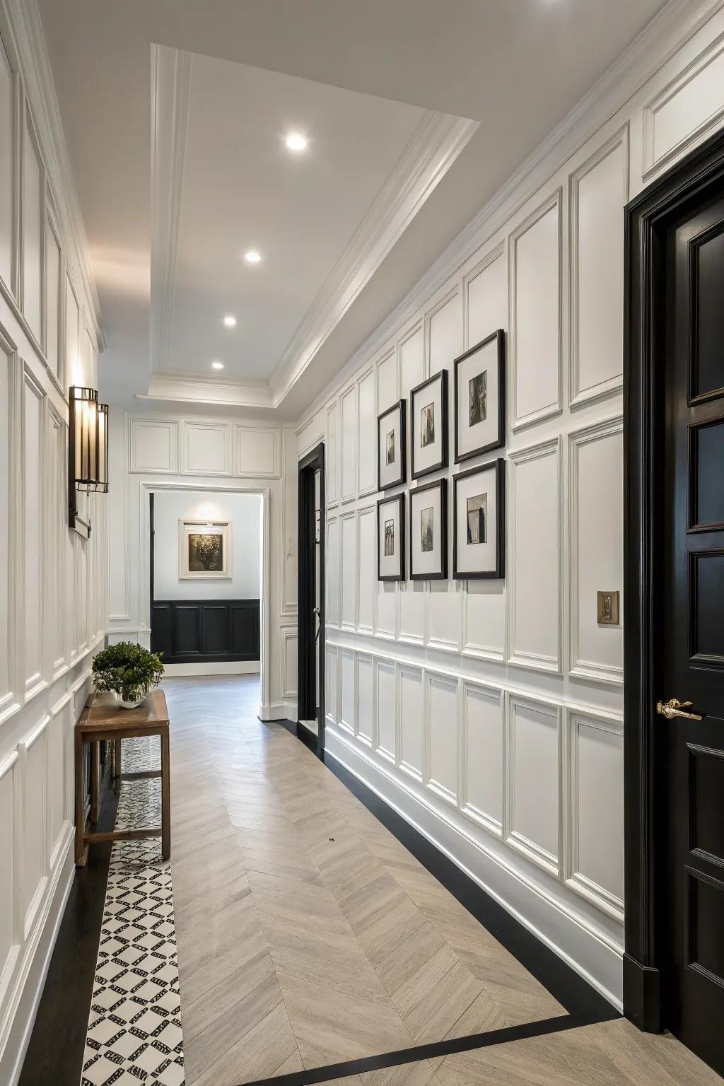 Monochrome wainscoting offers a seamless and minimalist aesthetic.