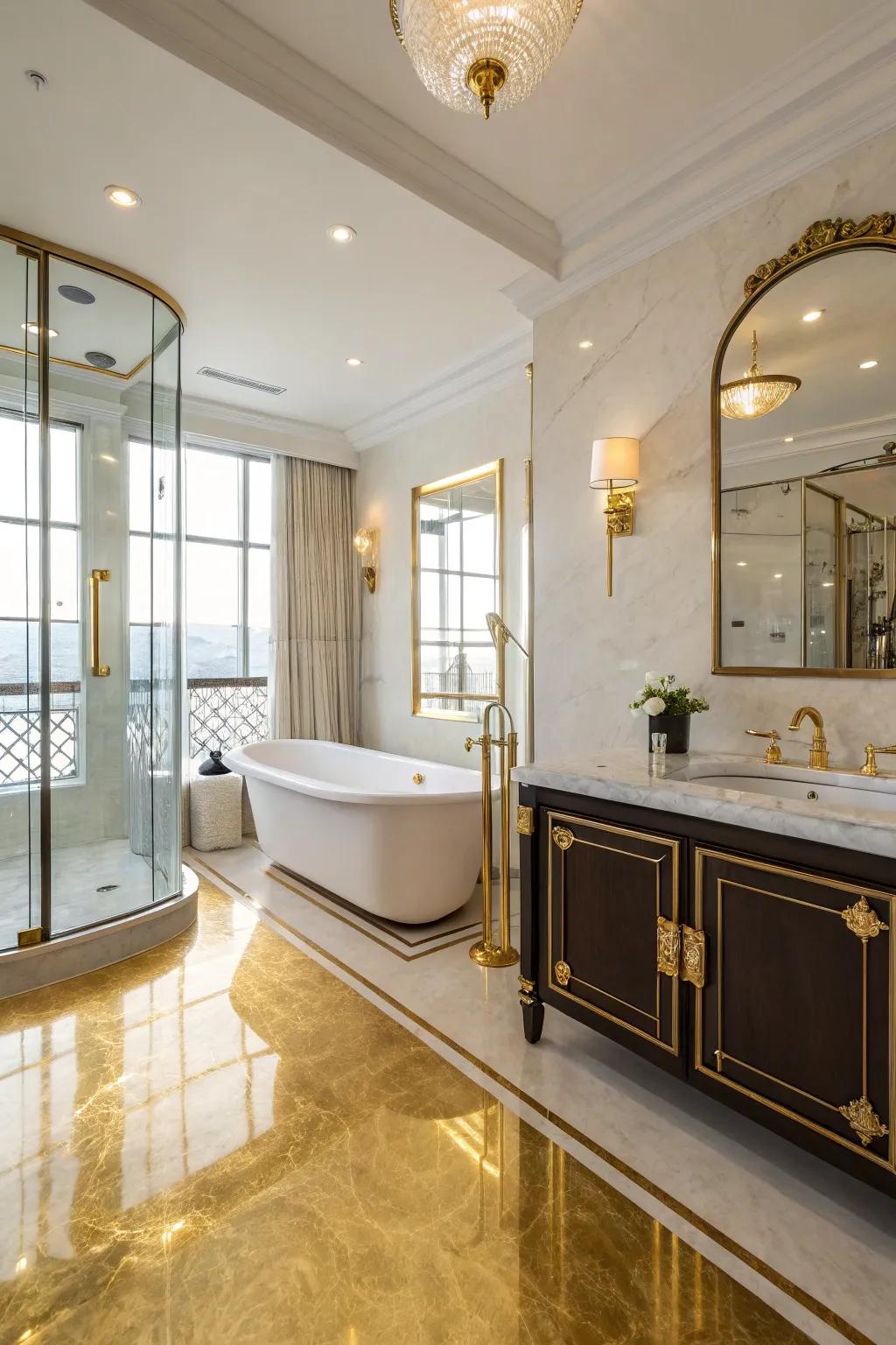 Luxurious gold epoxy floor transforming the bathroom into a palace.