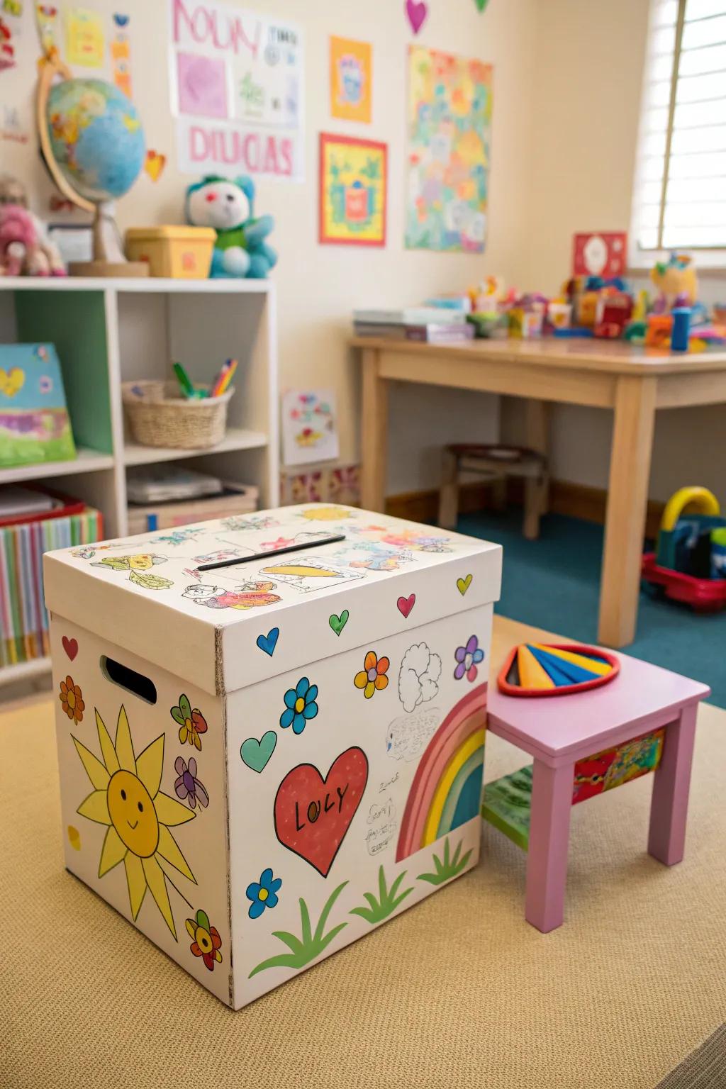 A playful upcycled shoe box suggestion box in a vibrant playroom.