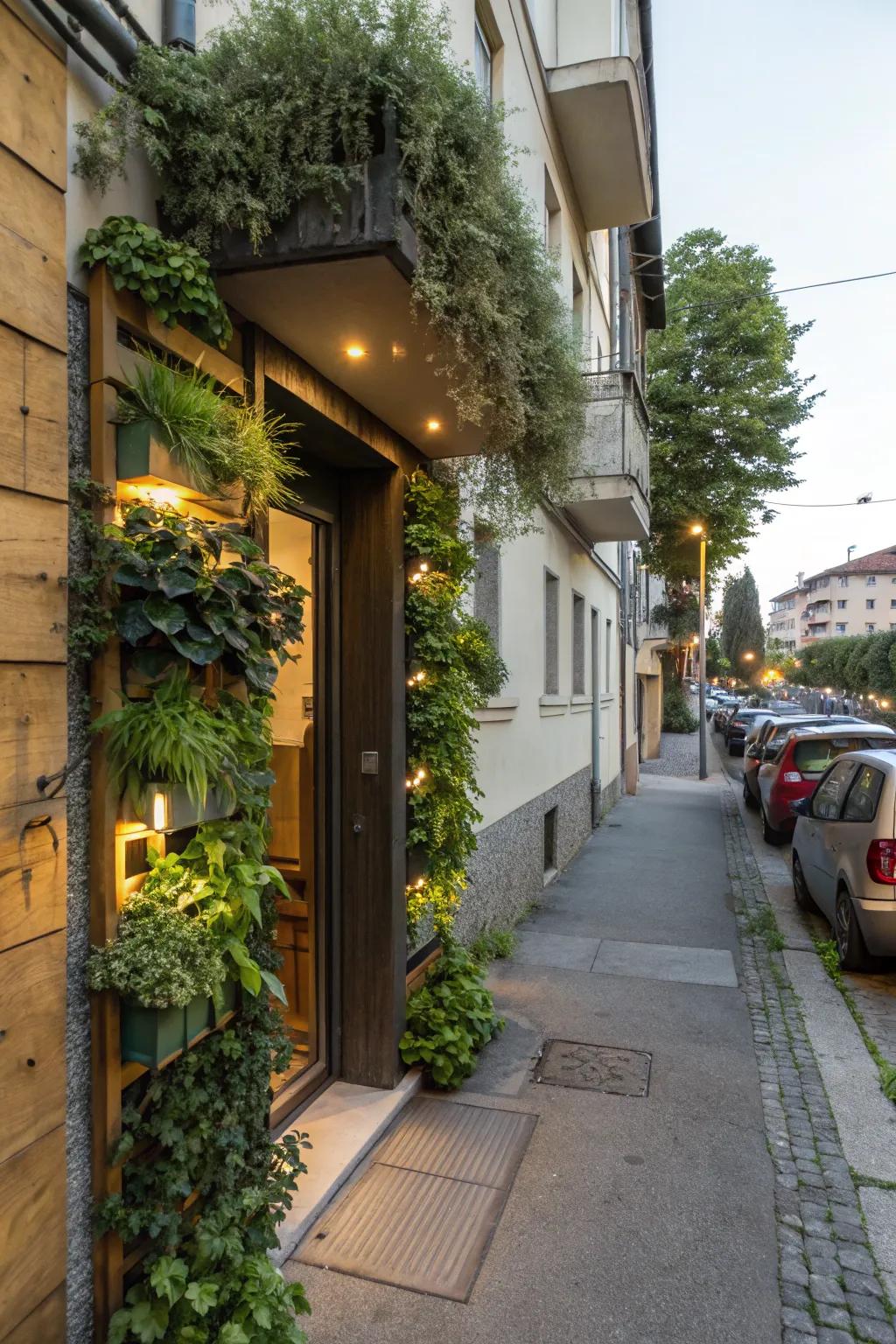 Vertical planters maximize greenery in limited space.