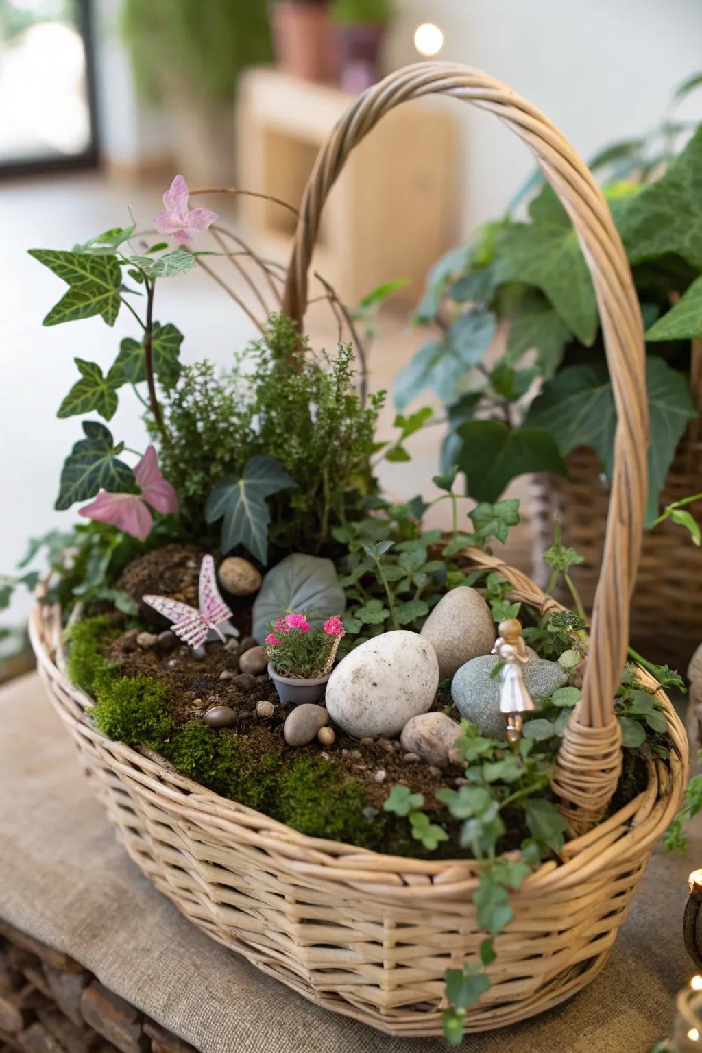 A wicker basket fairy garden brings portability and charm.