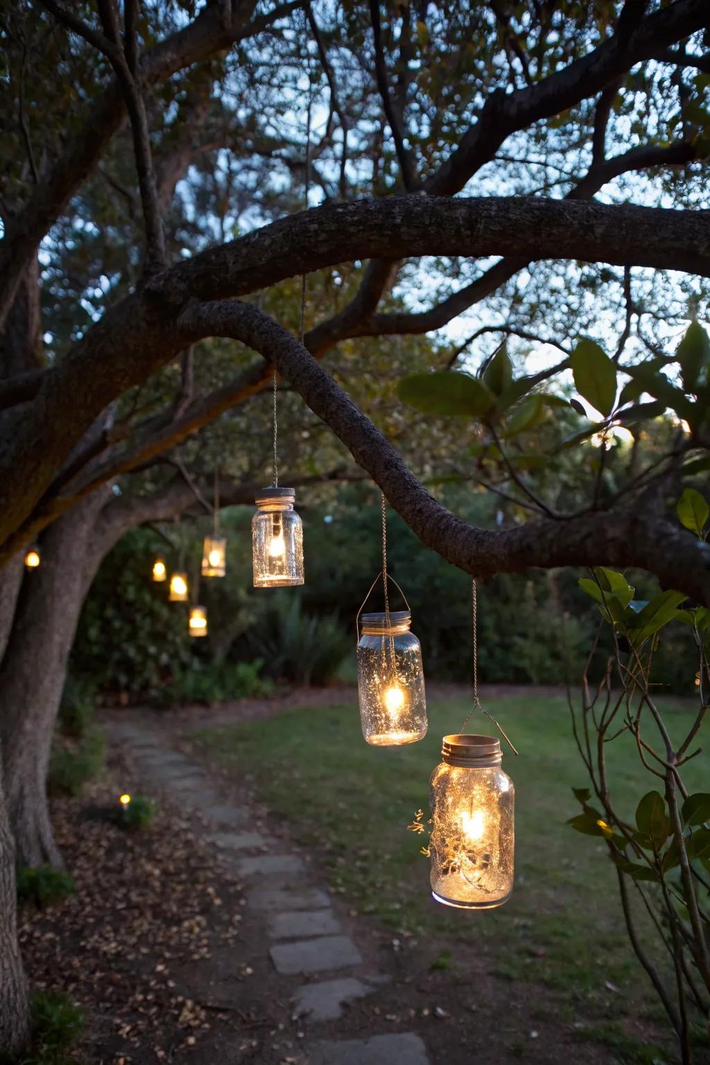 Mason jar lanterns filled with fairy lights, adding magic to the garden.