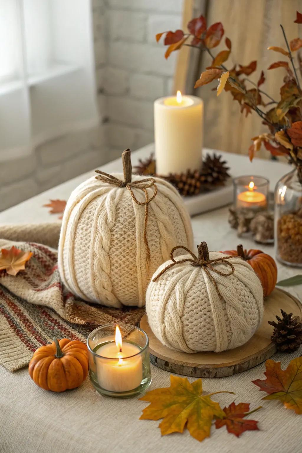 Sweater wrapped pumpkins bring warmth and texture to your decor.