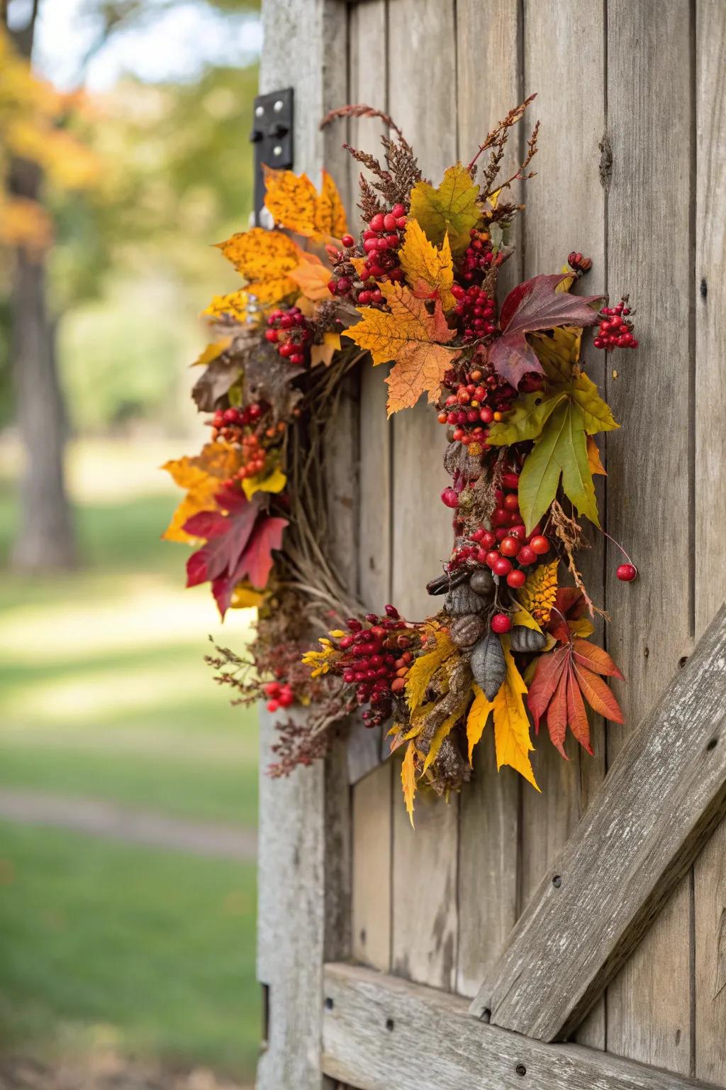 An autumn wreath brings seasonal charm to a rustic door.