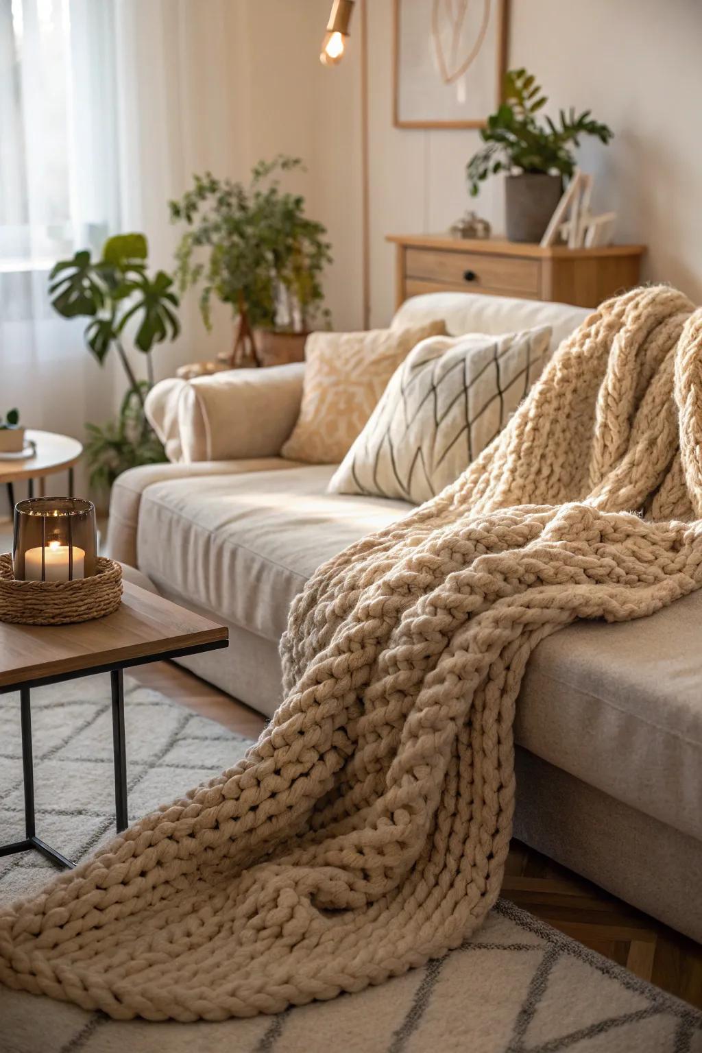 A knitted blanket adds warmth and coziness to any space.