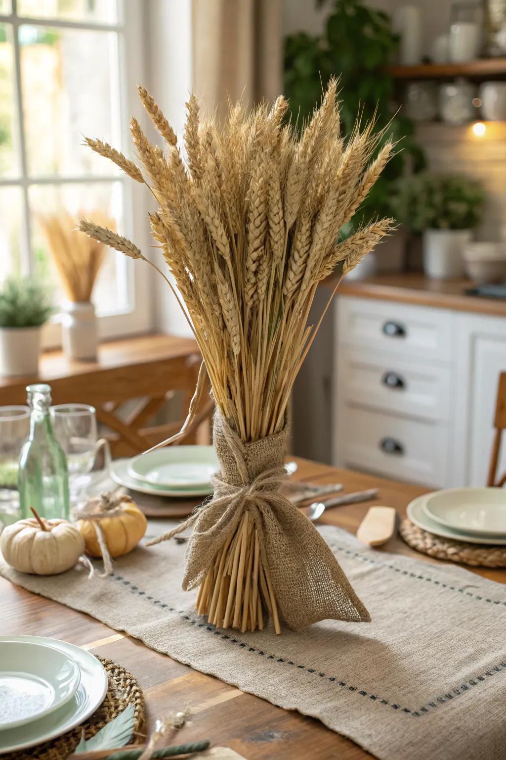 Wheat sheaves tied with burlap make a statement as a farmhouse centerpiece.