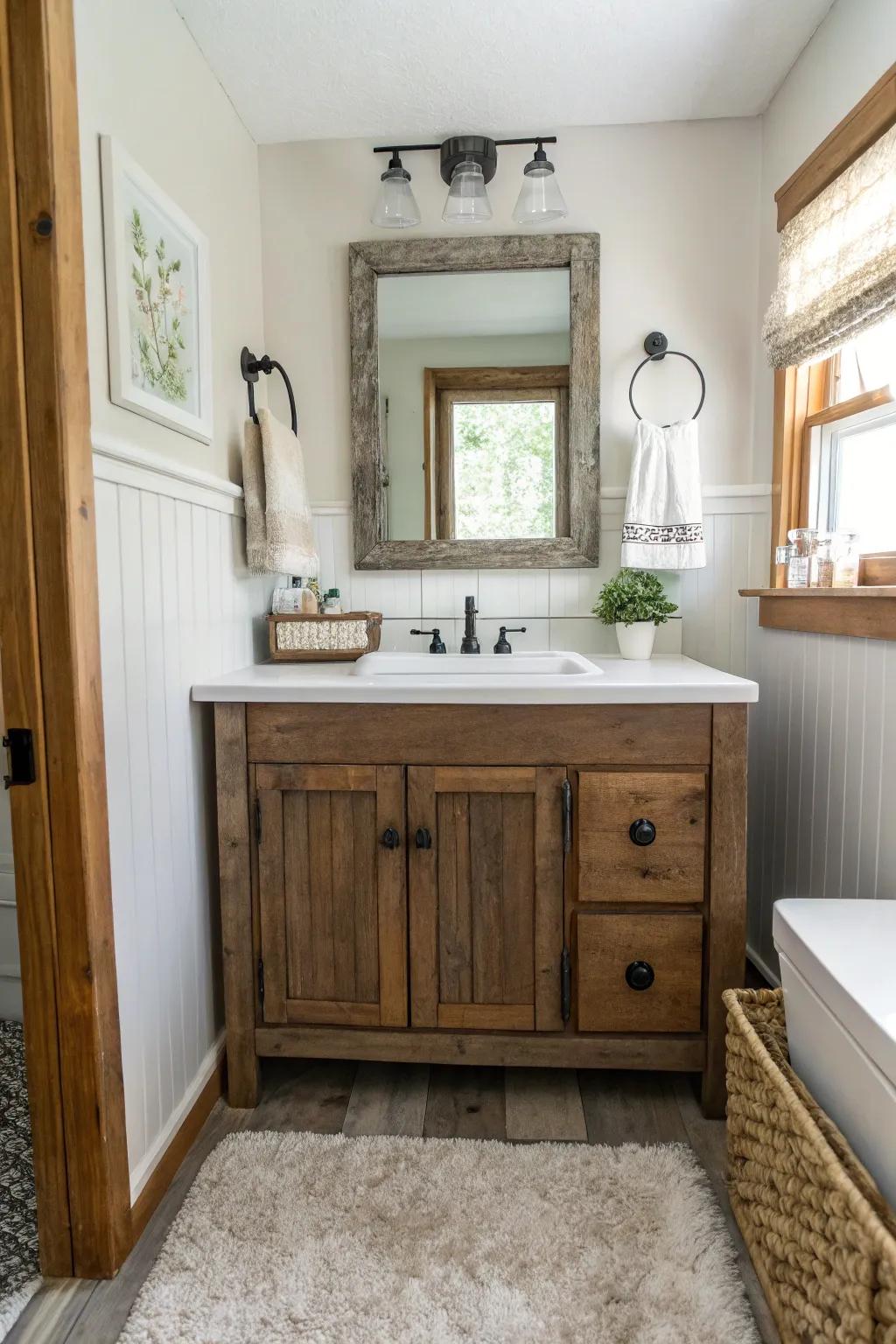 A farmhouse bathroom showcasing a two-tone vanity with wood and painted finishes.