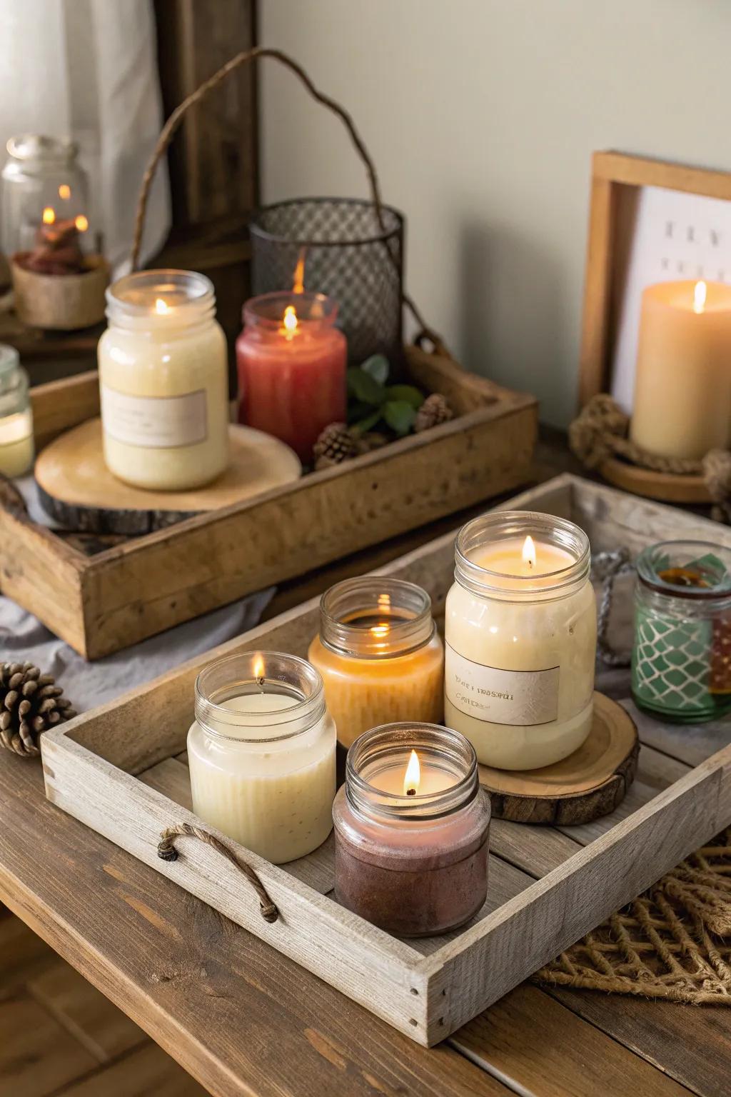 Warm and cozy candle display in a farmhouse setting.