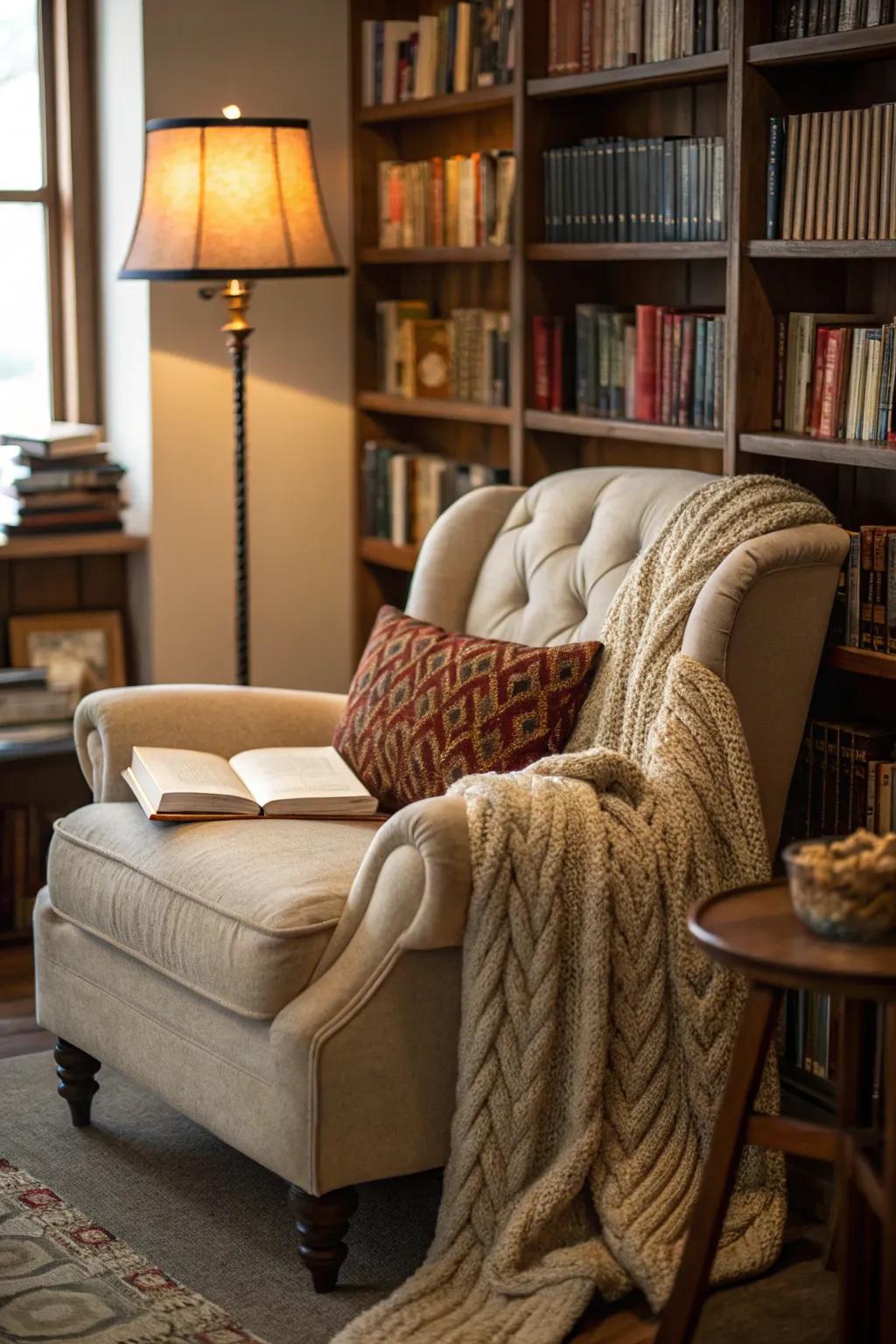 A cozy reading nook offers a perfect retreat in a farmhouse home.