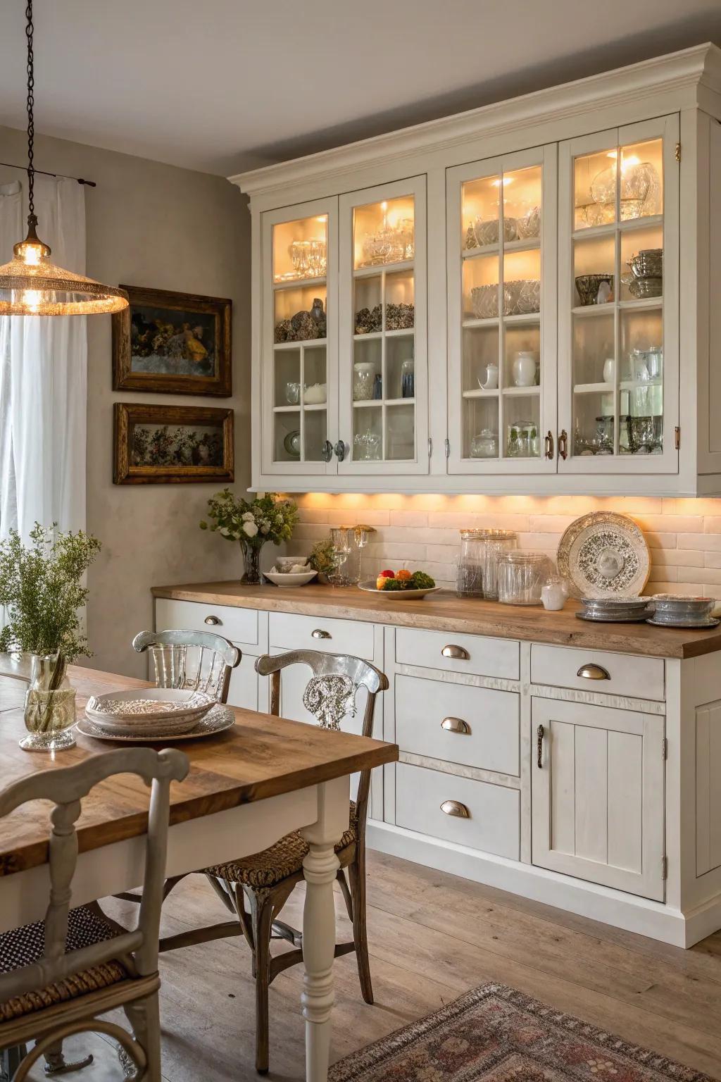 Farmhouse kitchen with glass insert cabinets and elegant styling.