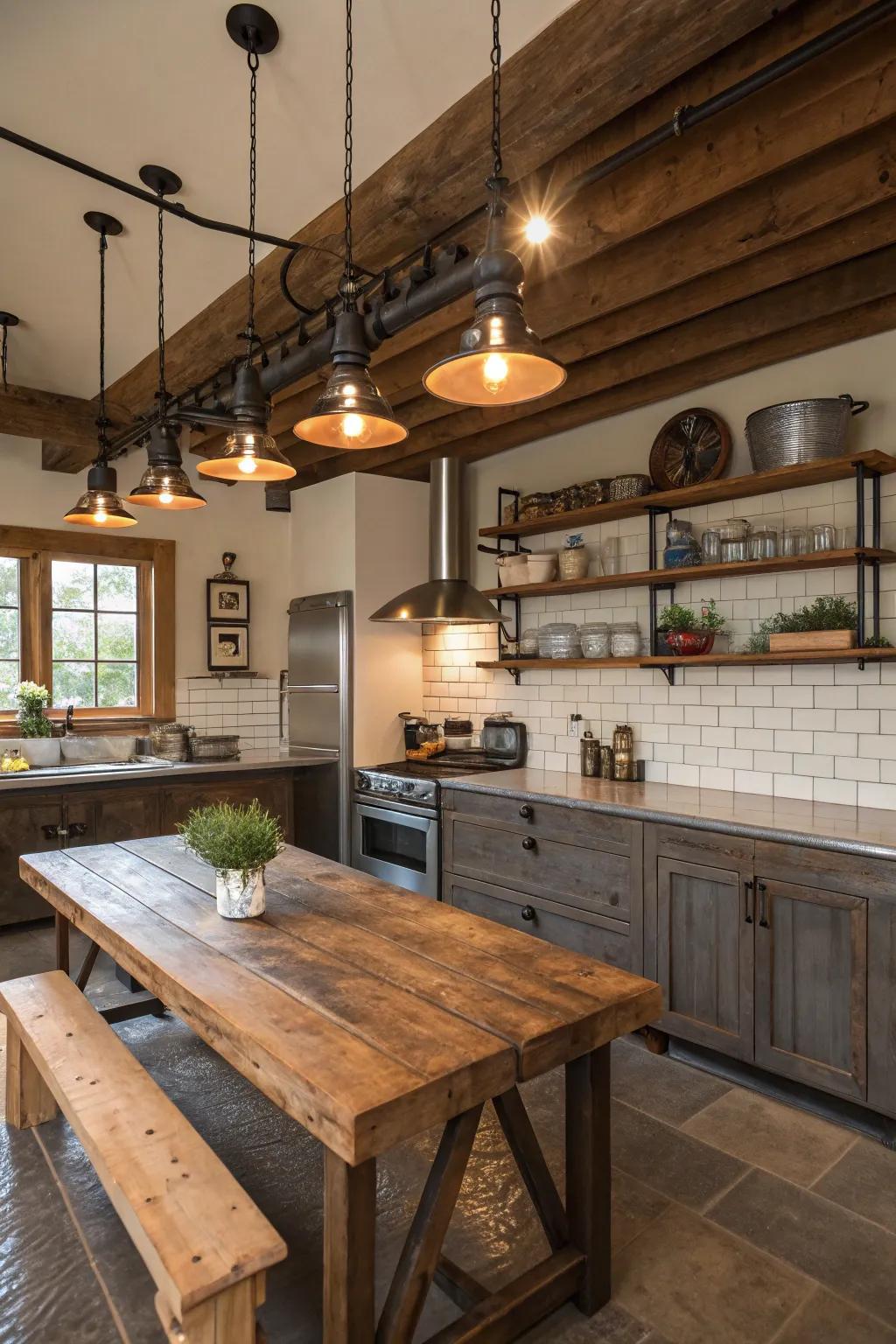 Industrial pipe lighting adds an edgy touch to the farmhouse kitchen.