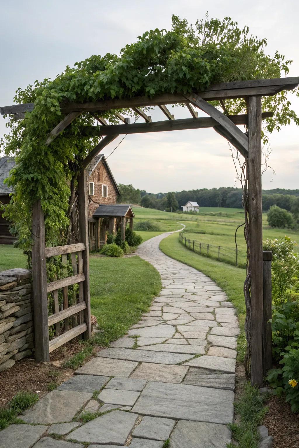 A rustic archway frames this farmhouse path, adding a touch of romance.