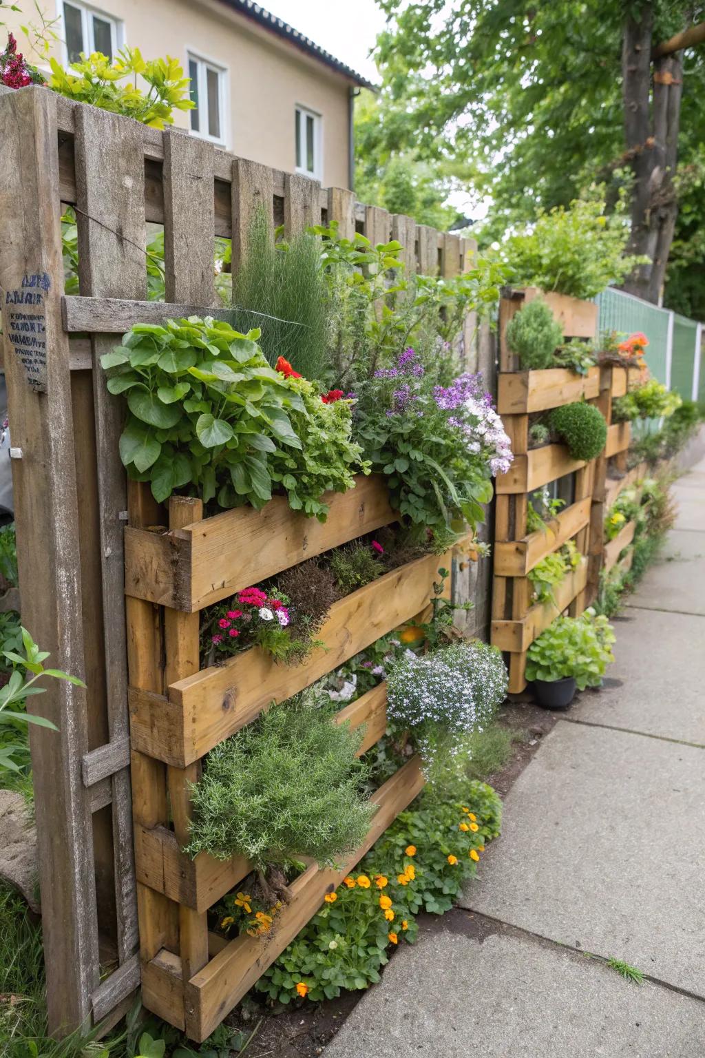 Repurposed wood pallets offer an economical and stylish planter option.