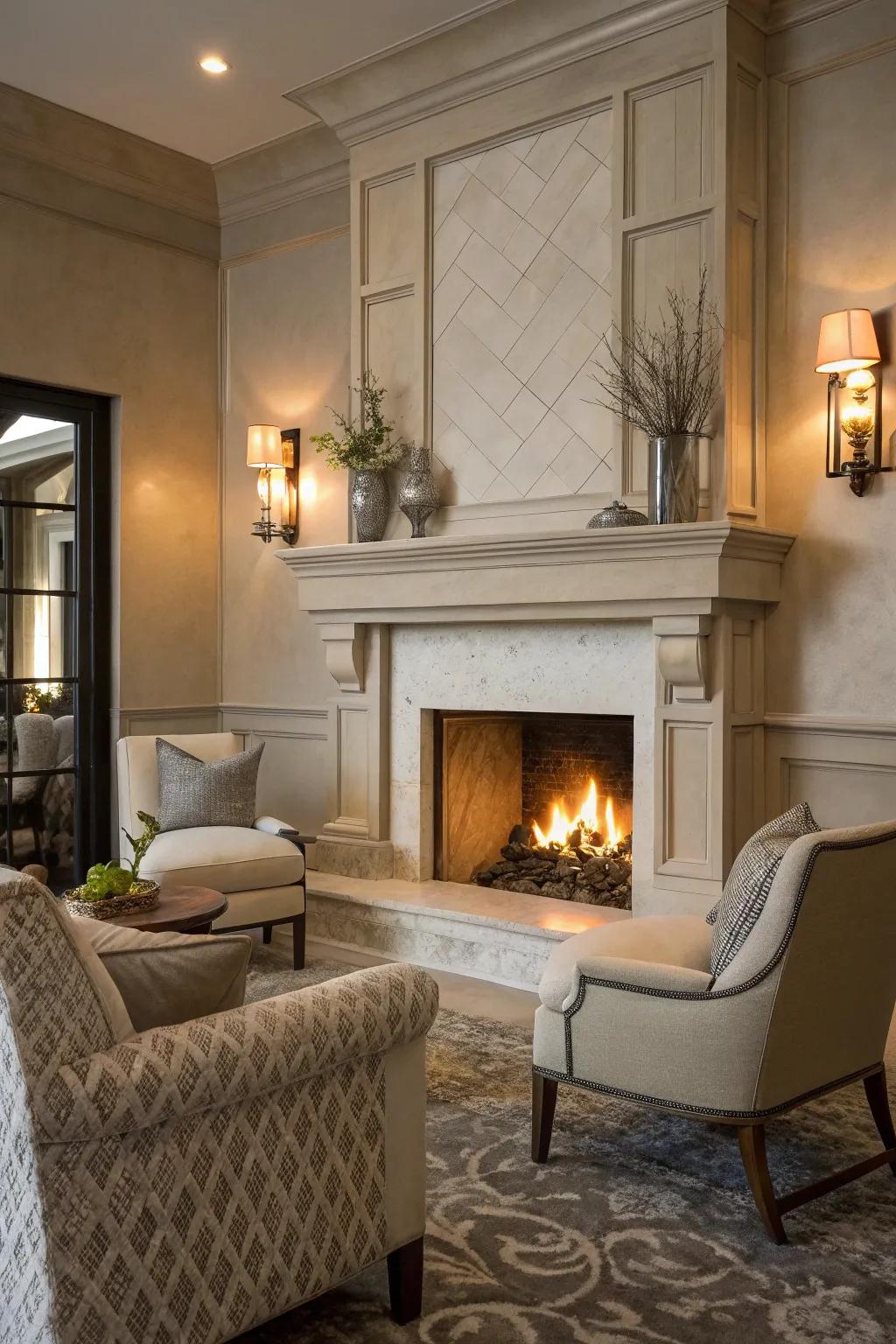 Neutral tones create a timeless and cohesive fireplace decor.