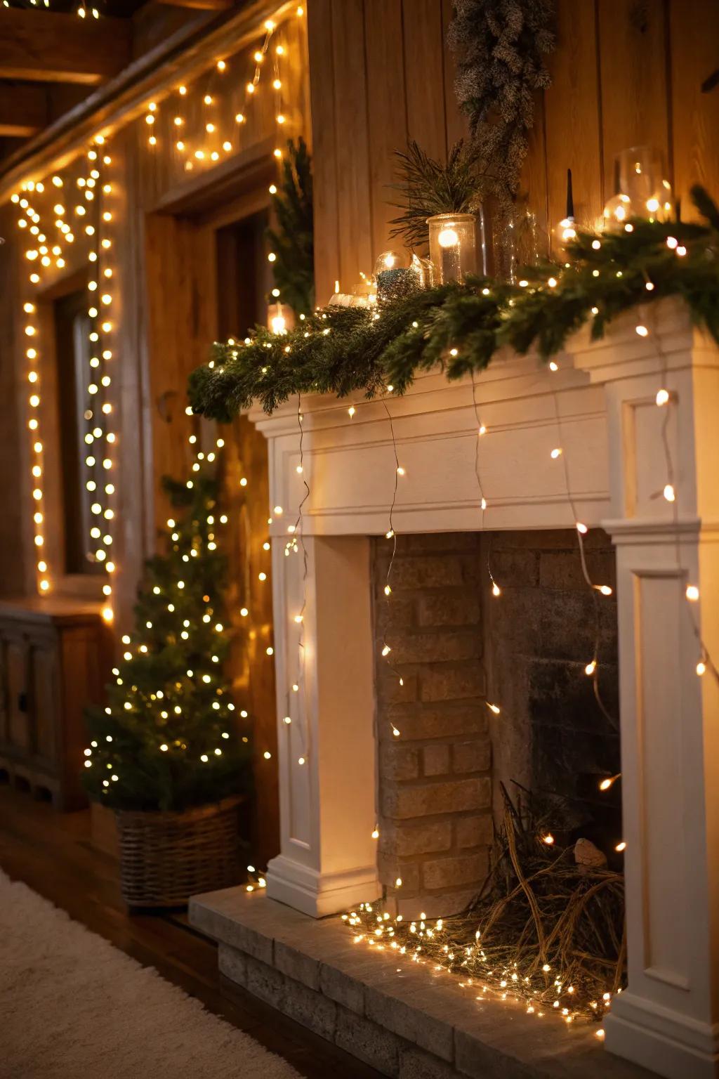 String lights bring a magical touch to your fireplace.