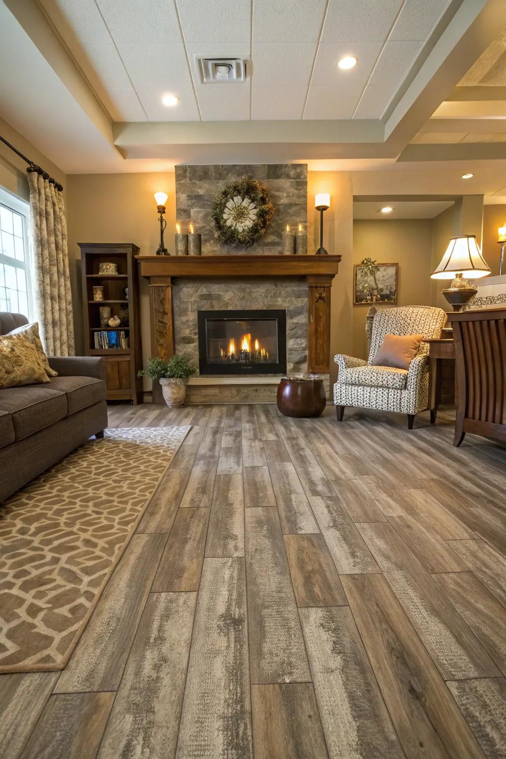 Vinyl flooring provides cost-effective style and heat resistance.