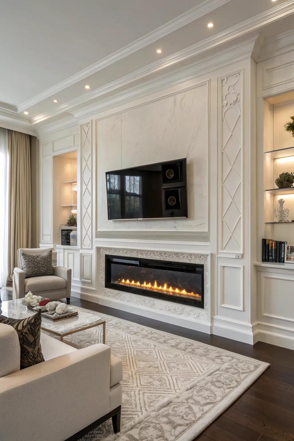 A TV mounted above the fireplace, offering a sleek and modern entertainment setup.