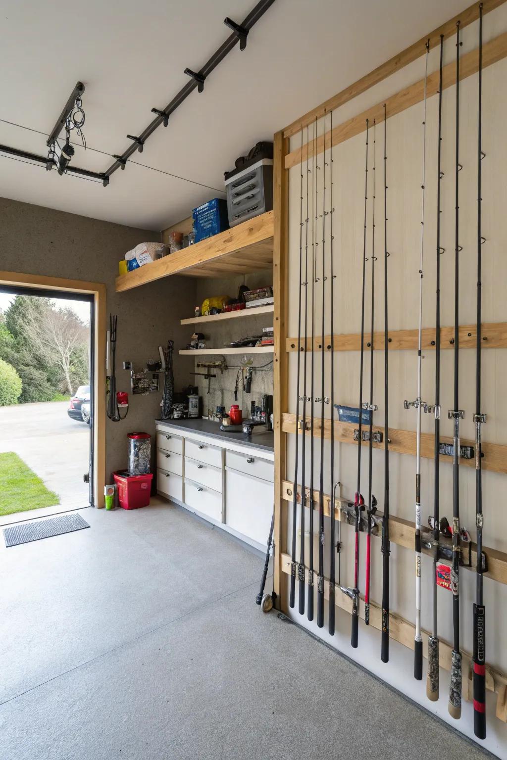 Garage door rod storage cleverly utilizes overhead space.