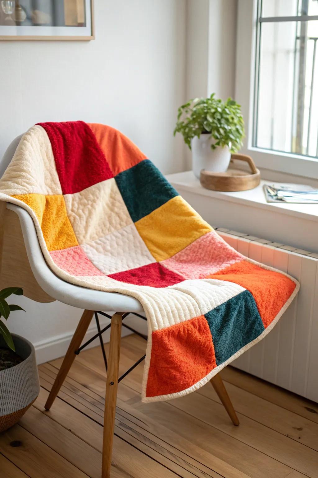 Add a pop of color to your space with this modern fleece quilt — where bold design meets cozy elegance.