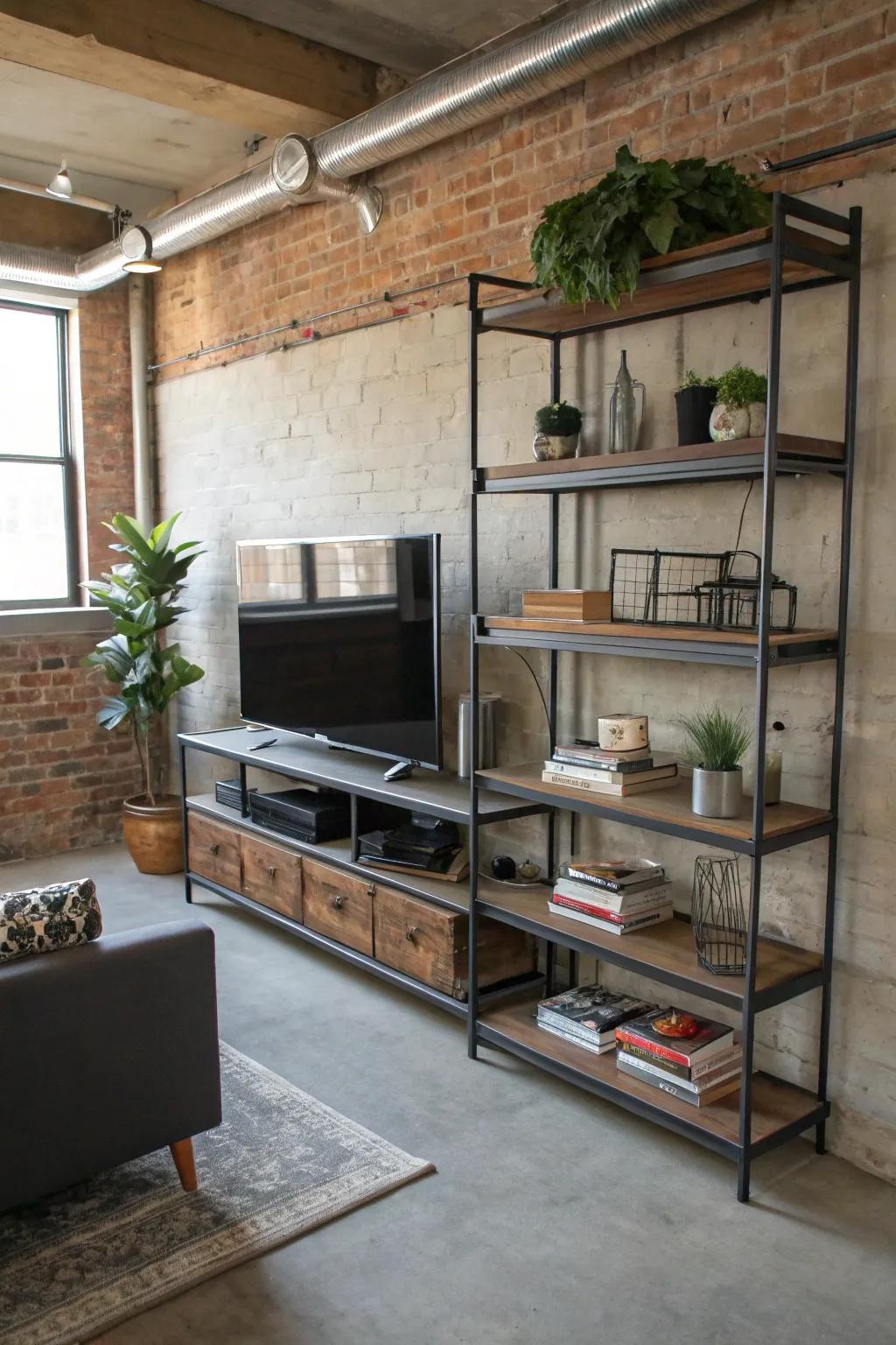 Metal floating shelves introduce an industrial edge to the living room.