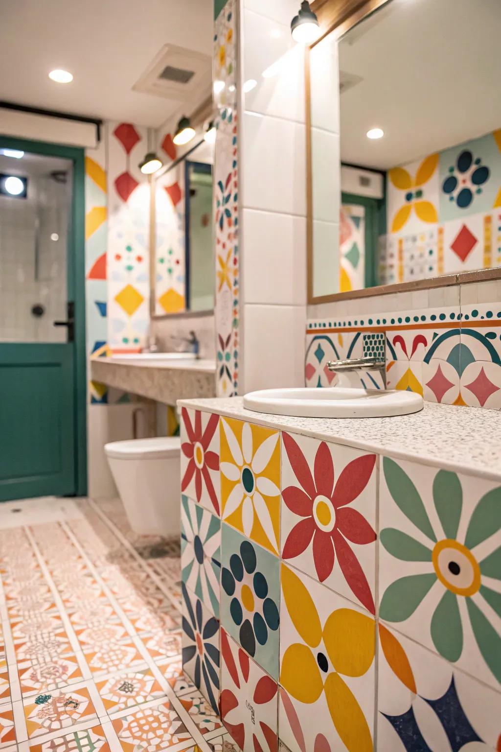 A bathroom infused with unique character through playful patterned tiles.