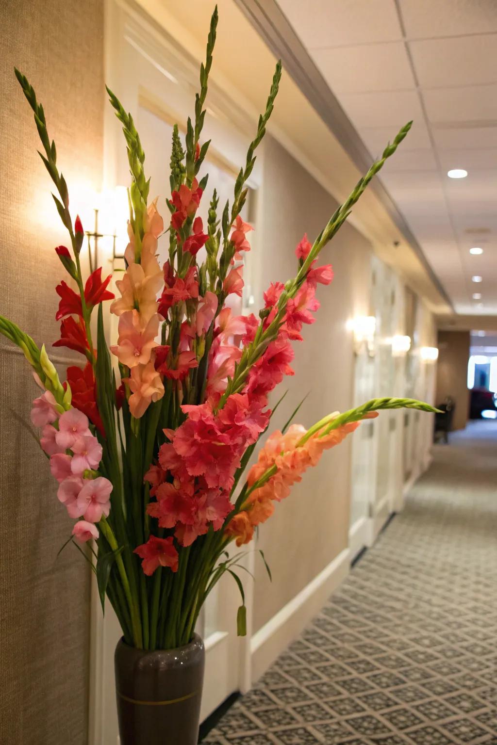 Tall and dramatic floral arrangement with gladiolas.