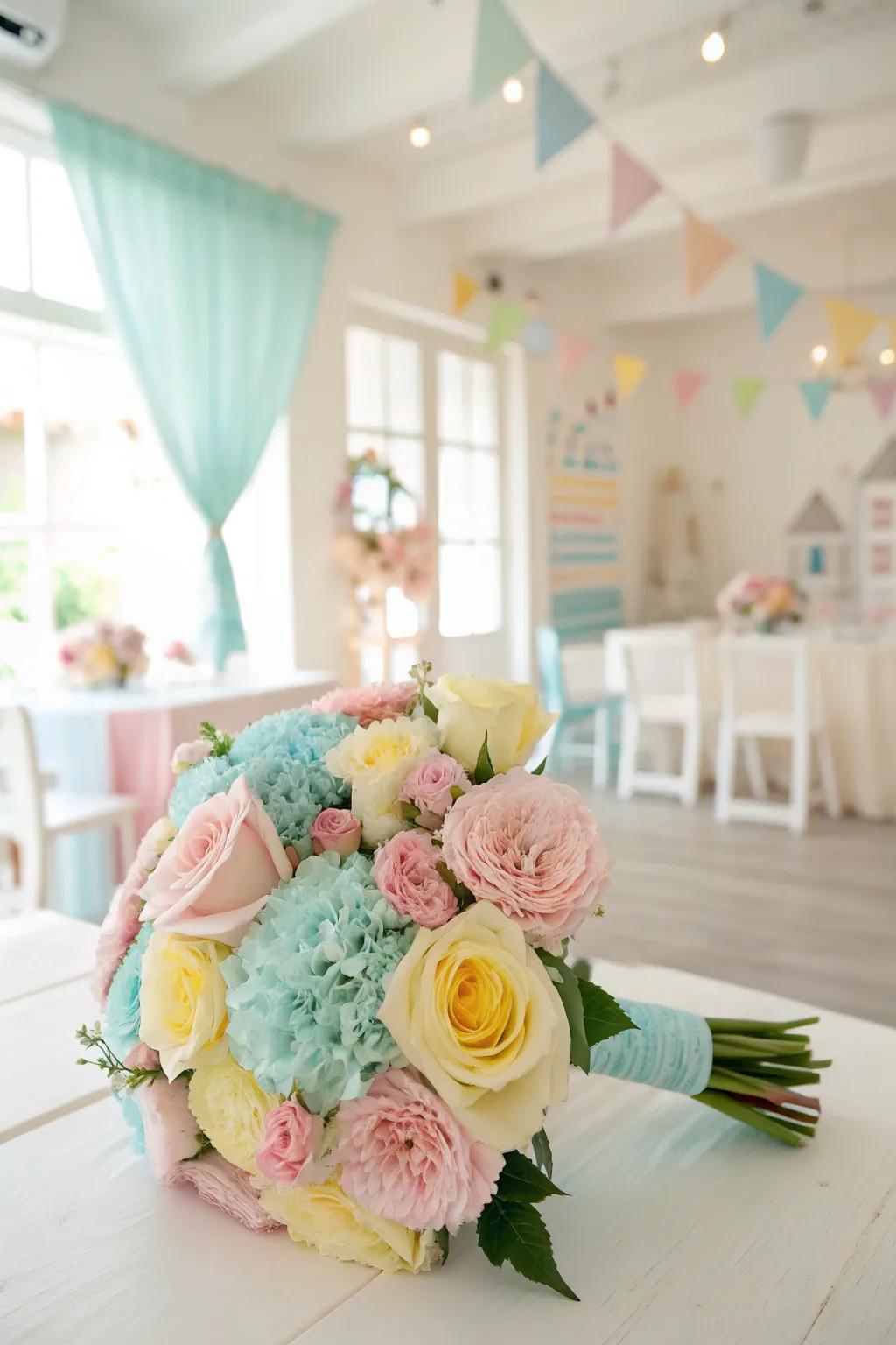 A bouquet full of whimsy with playful pastel colors.