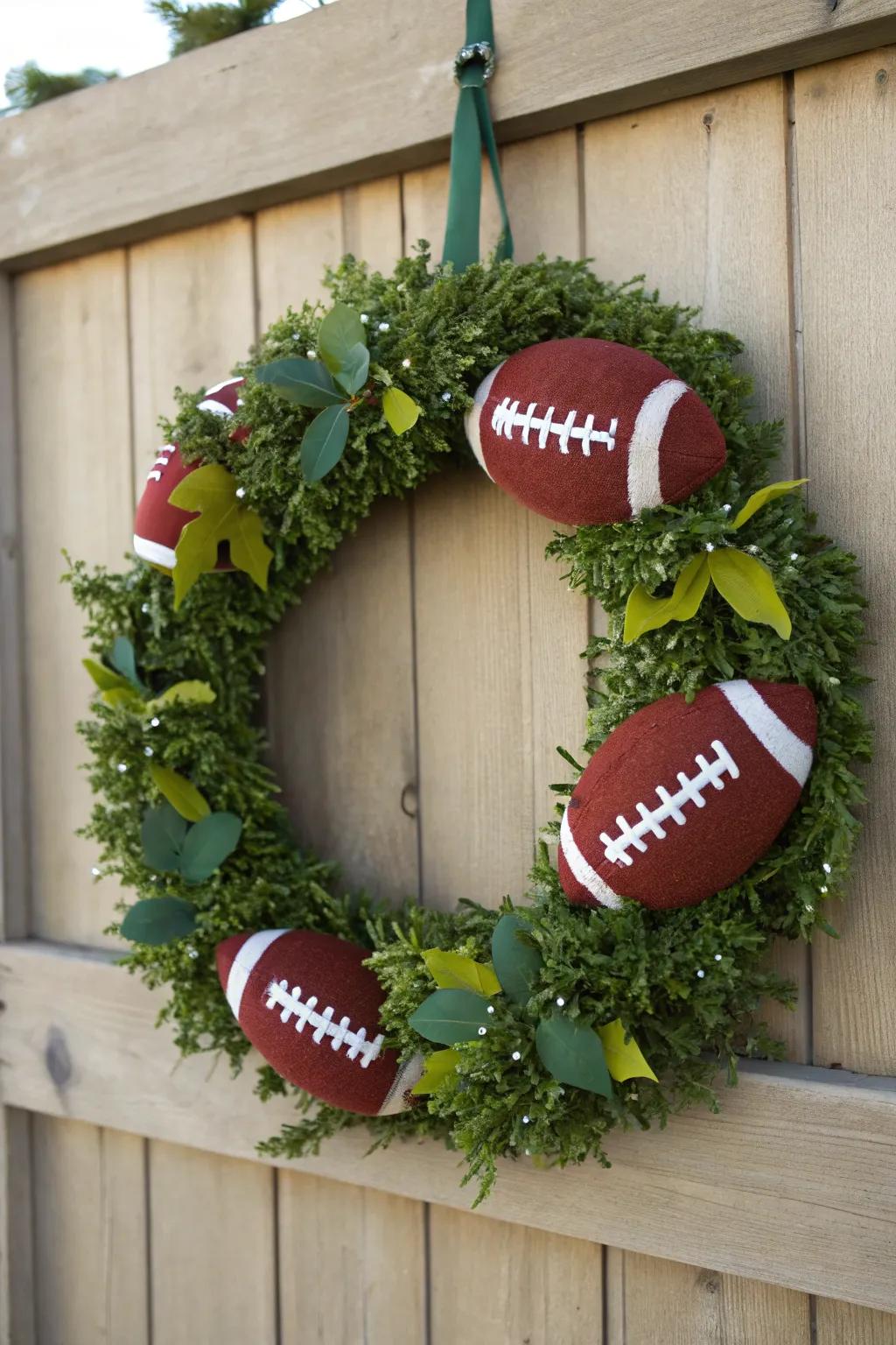 Whimsical felt footballs add a playful touch to this cozy wreath.