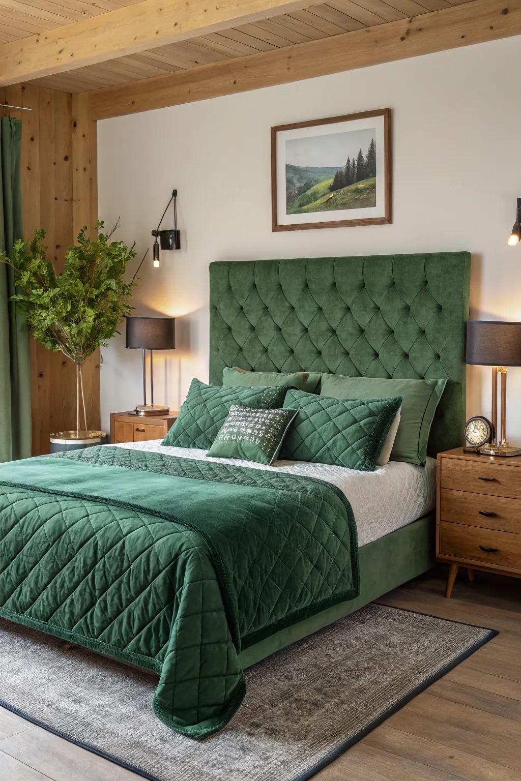 A statement headboard enhances the elegance of forest green bedding.