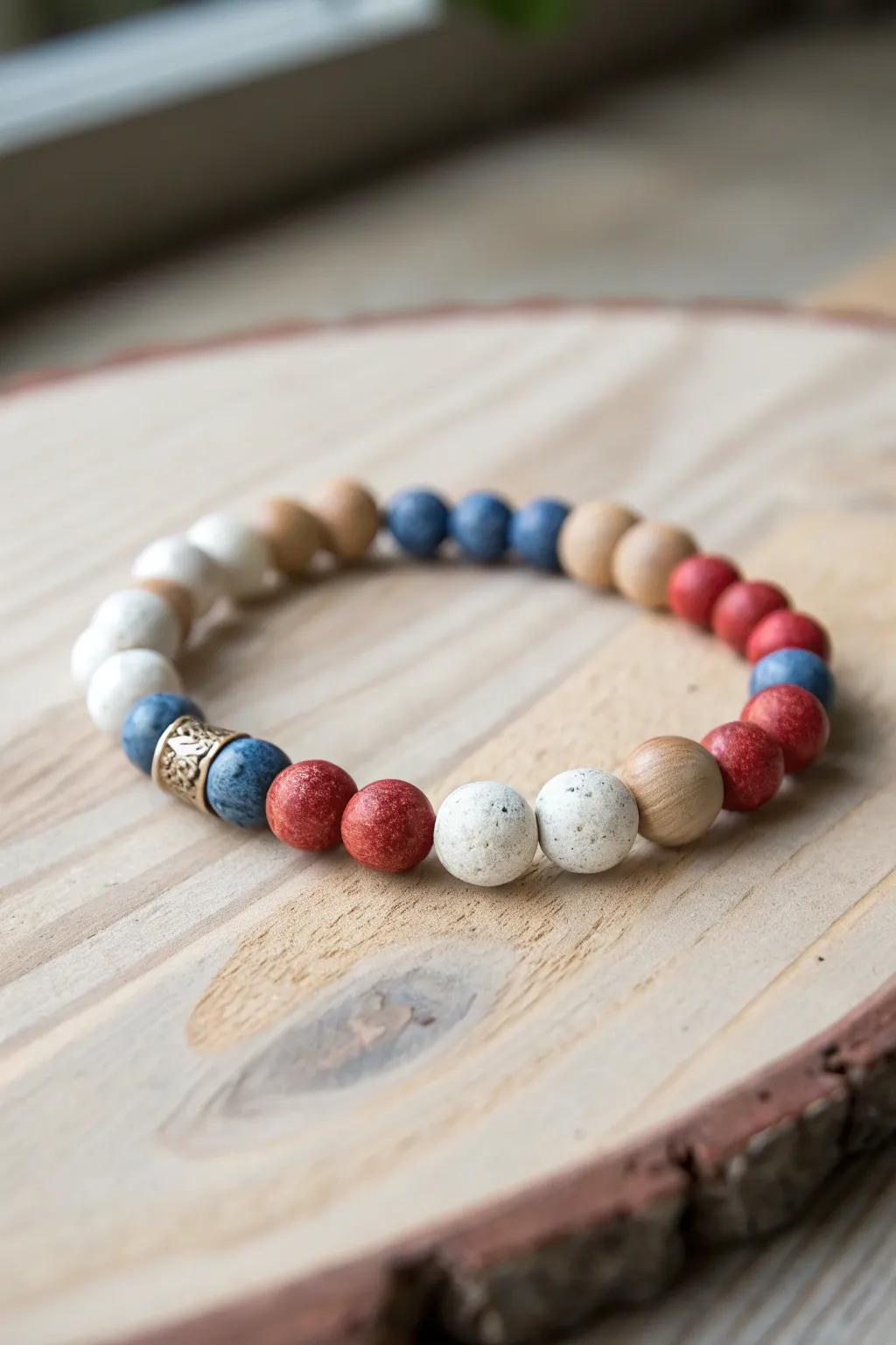 Celebrate Independence Day with a touch of bohemian elegance. This clay bead bracelet mixes textures for a unique, handcrafted look.