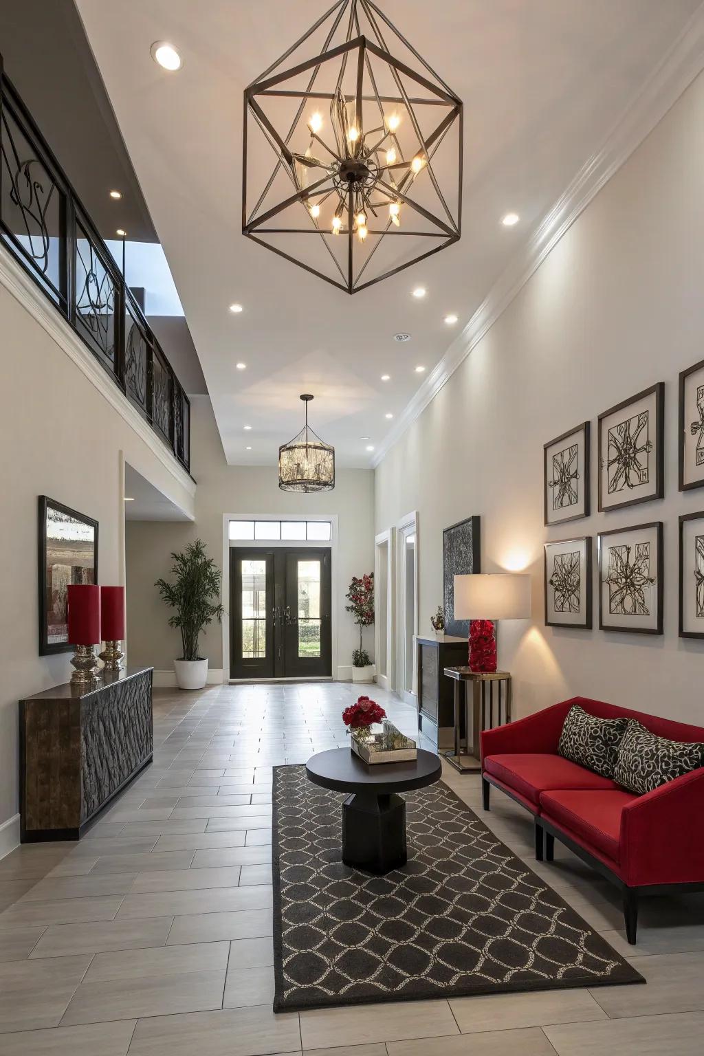 Geometric designs add a modern twist to this stylish foyer.