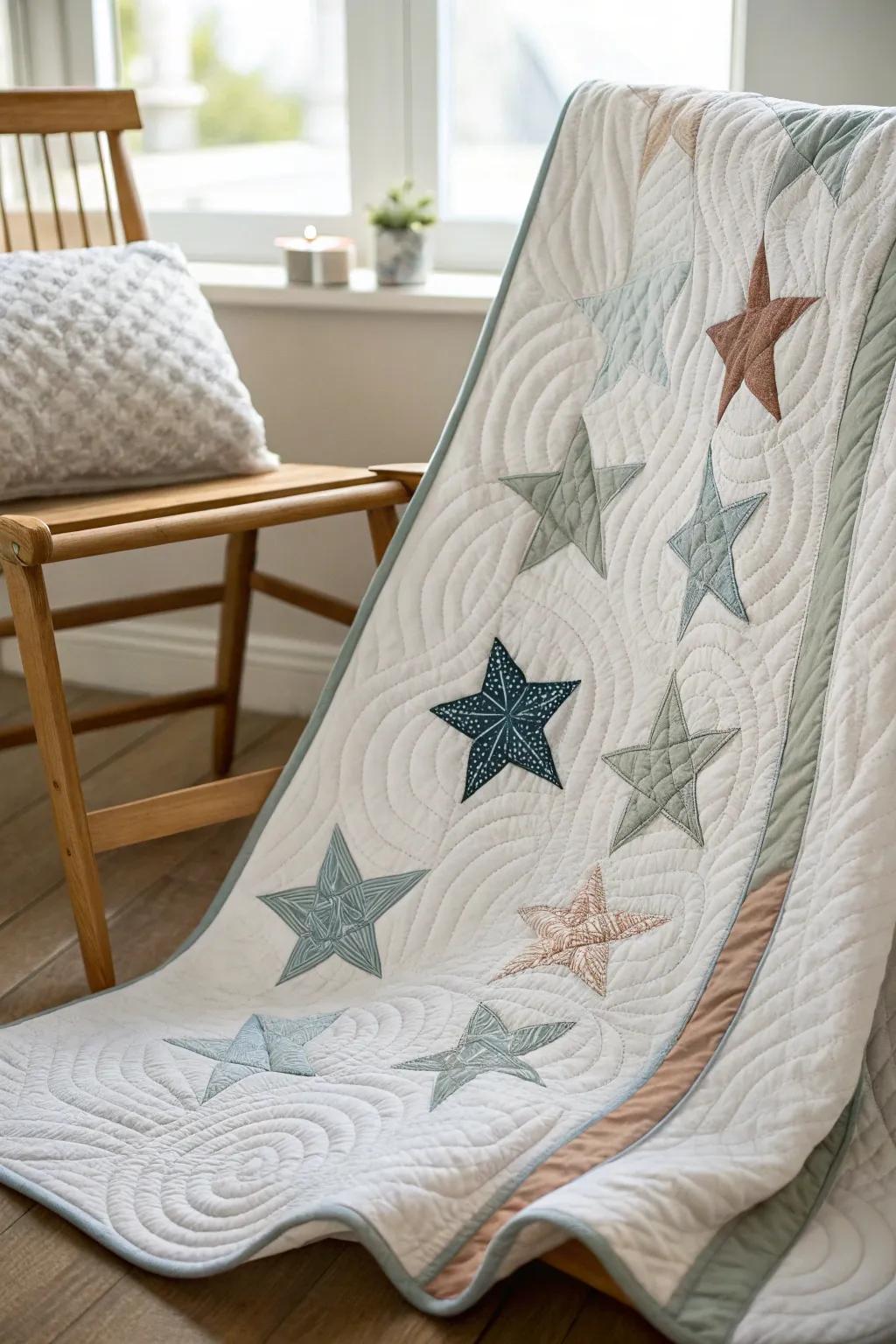 Embrace the dreamy elegance of floating stars in your quilting journey, where simplicity meets craftsmanship.
