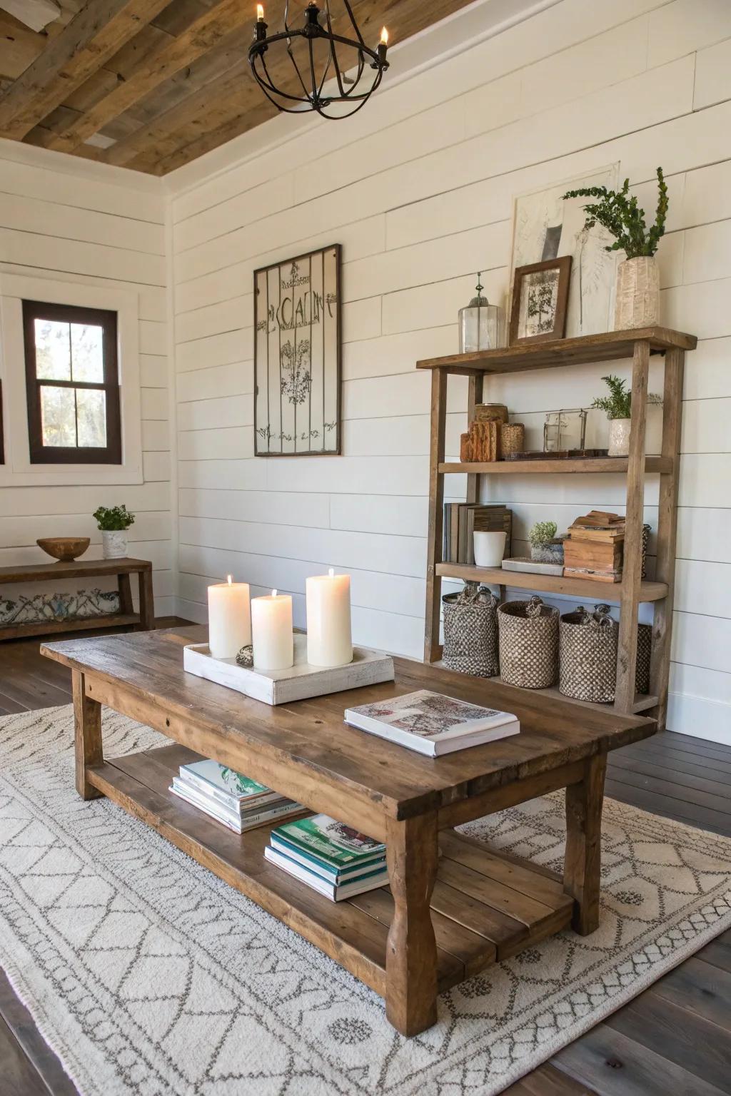 Shiplap walls provide texture and rustic charm.