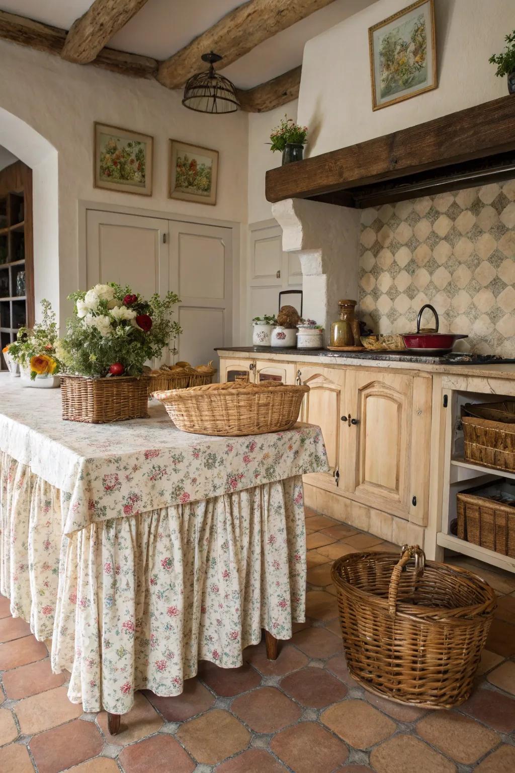 A fabric skirt adds a whimsical touch to cabinetry.