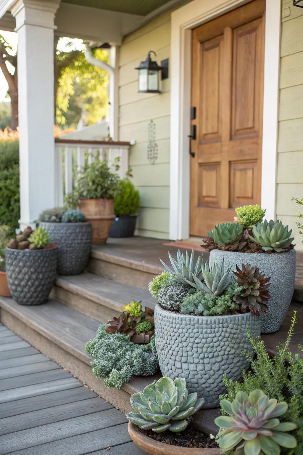 A serene display of succulents in textured pots.