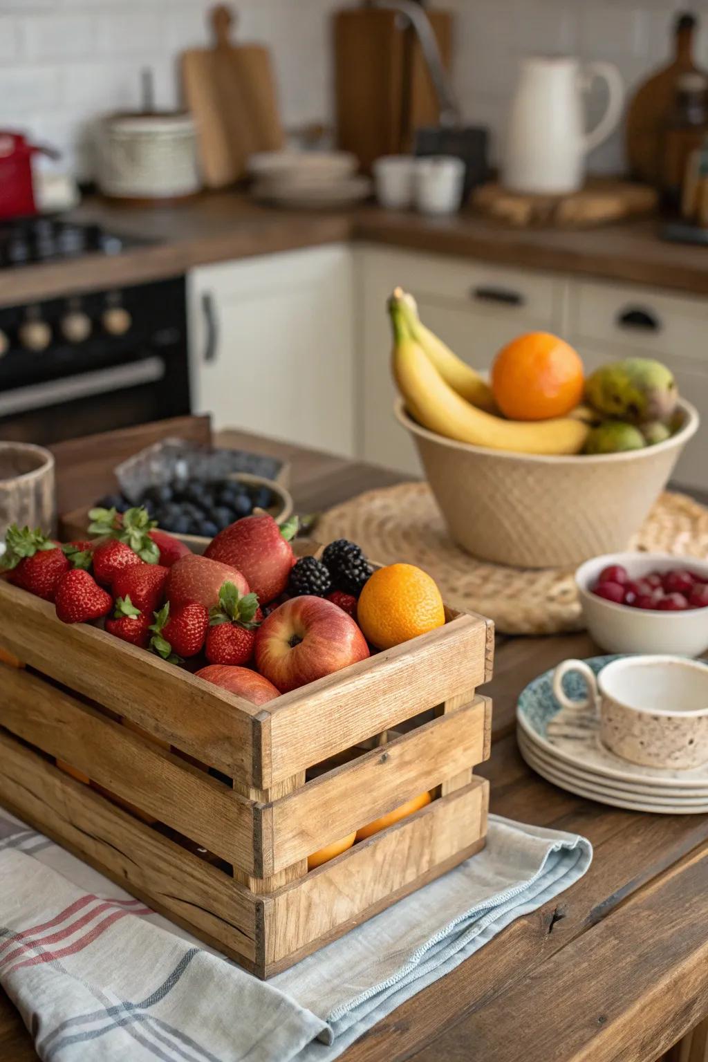 Wooden crates provide a rustic charm with functional storage.