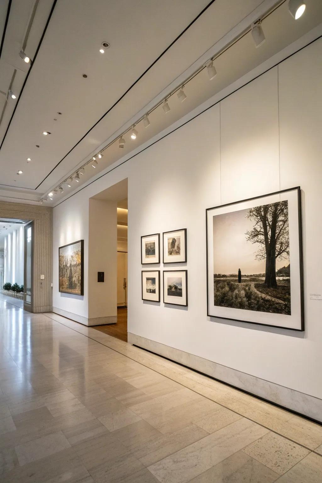 A minimalist gallery wall with impactful pieces in a spacious setting.