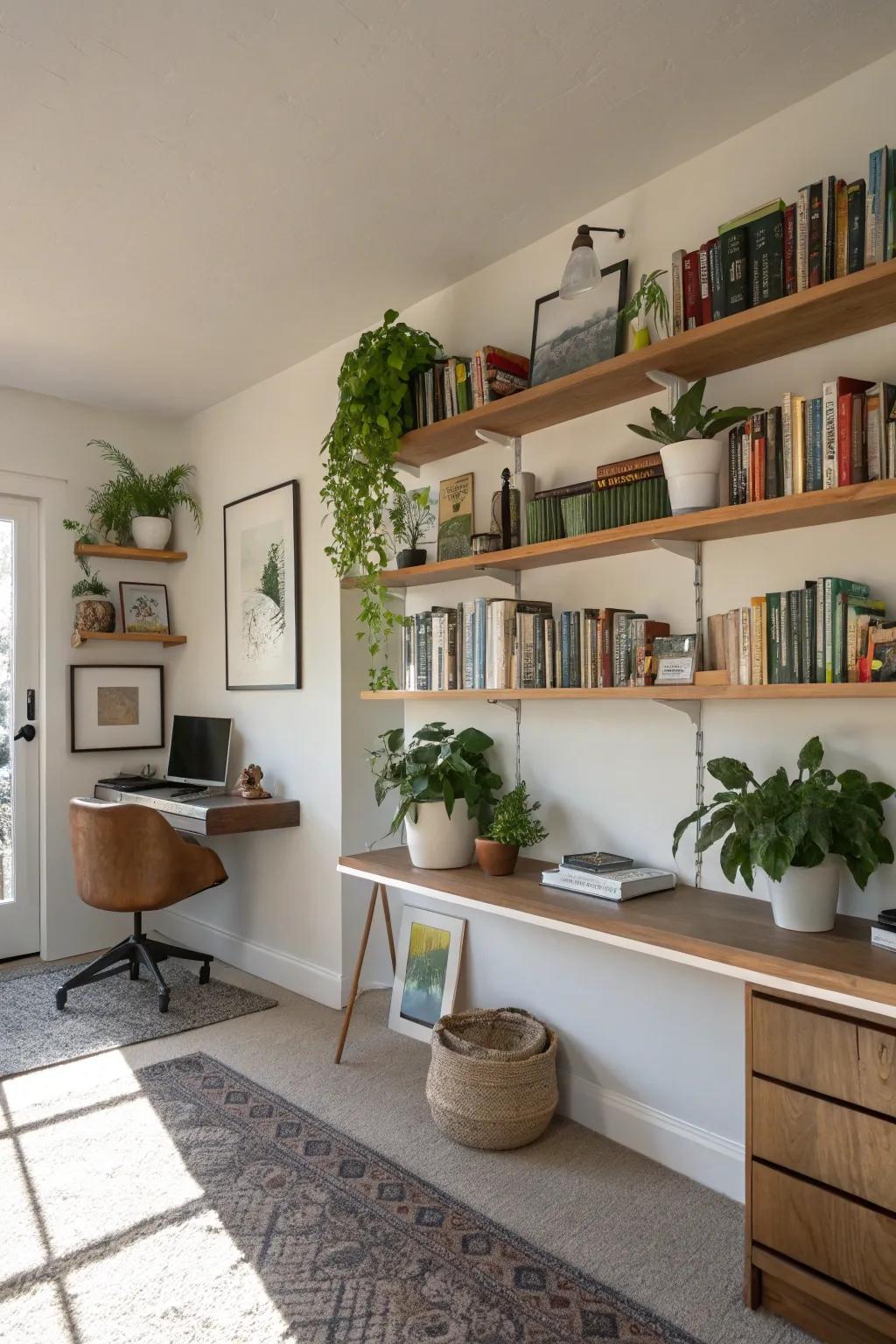 Floating shelves add dimension and functionality to this office gallery wall.