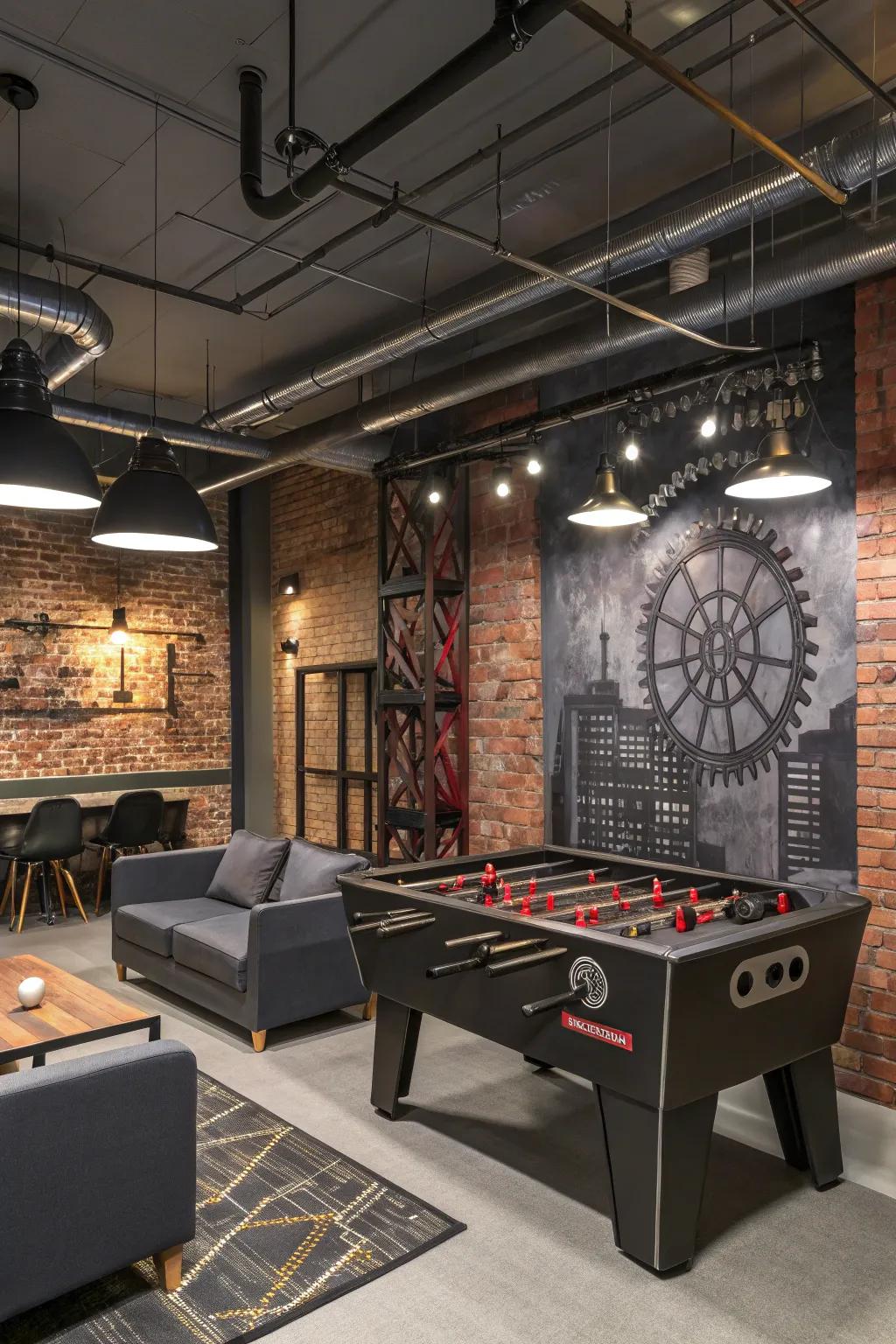 An industrial-themed game room mural for a modern touch.