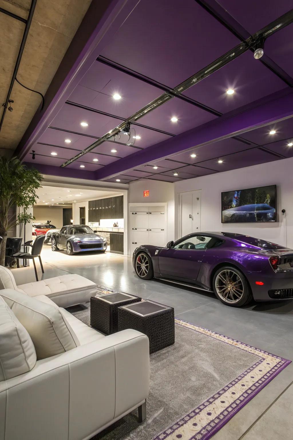 An elegant purple ceiling adds a unique and luxurious touch.