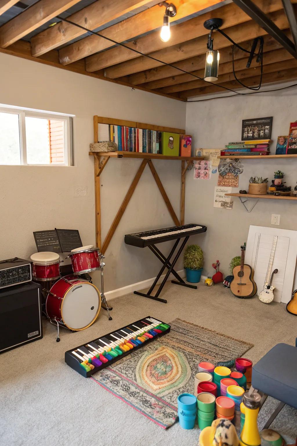 A musical corner encourages kids to explore sounds and rhythms.