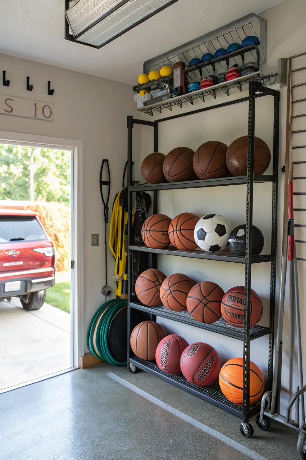 A ball rack is perfect for organizing sports equipment and keeping them accessible.