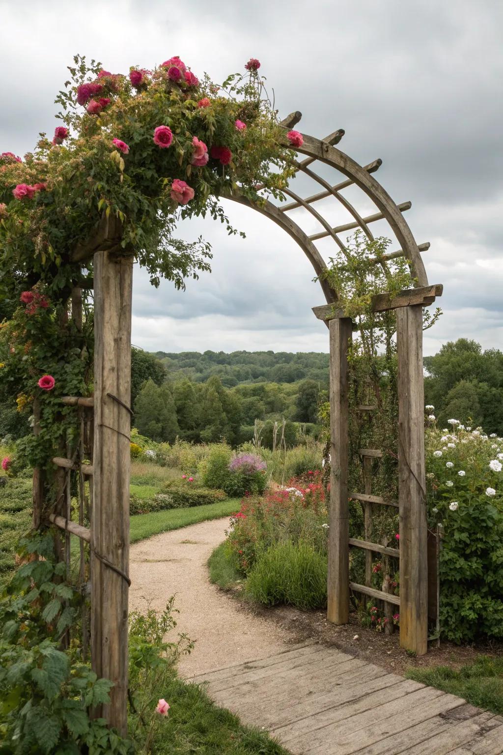 Add rustic charm with a wooden arch trellis.