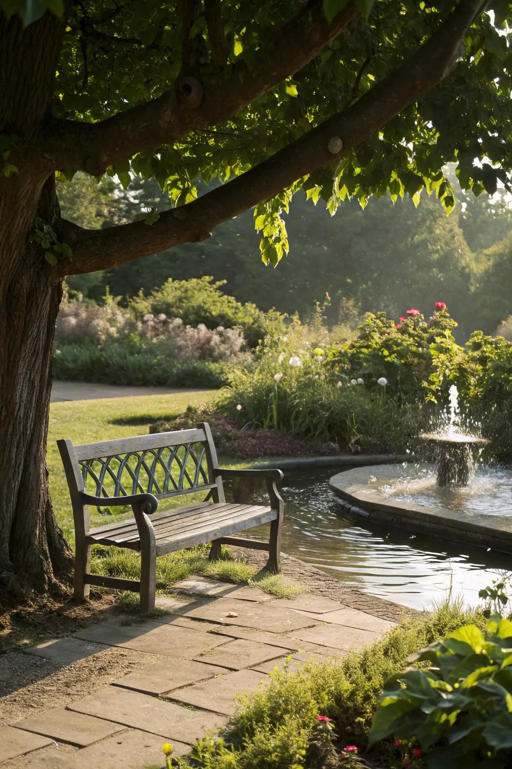 A water feature adds tranquility to your garden bench area.