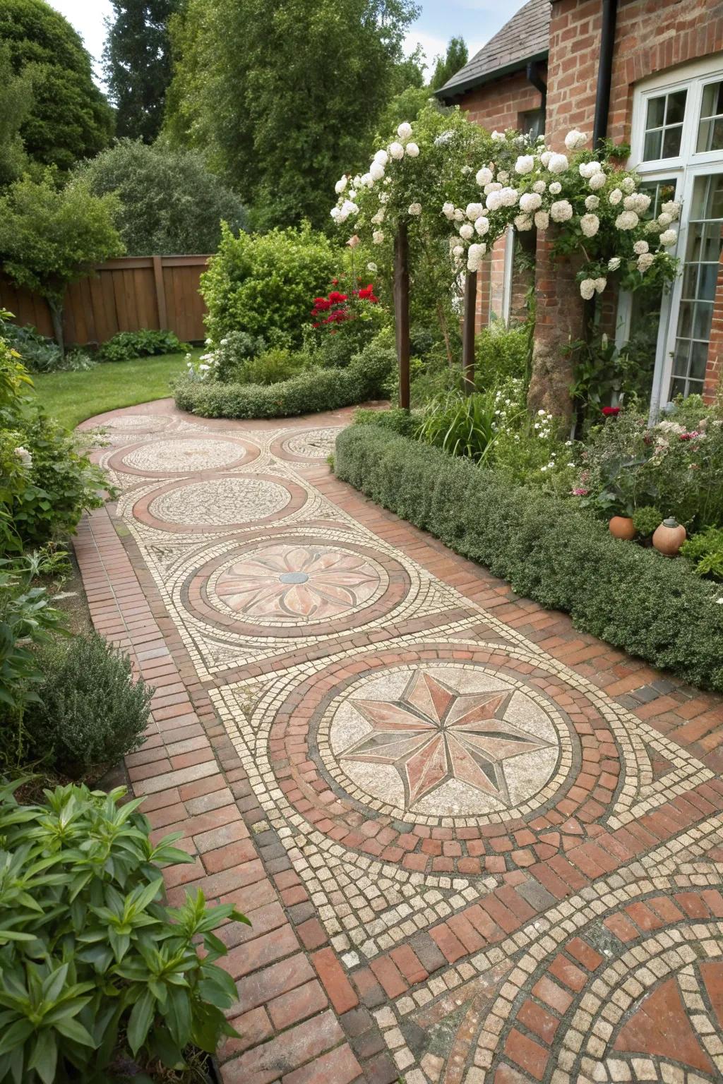 Intricate brick and paver mosaic path.