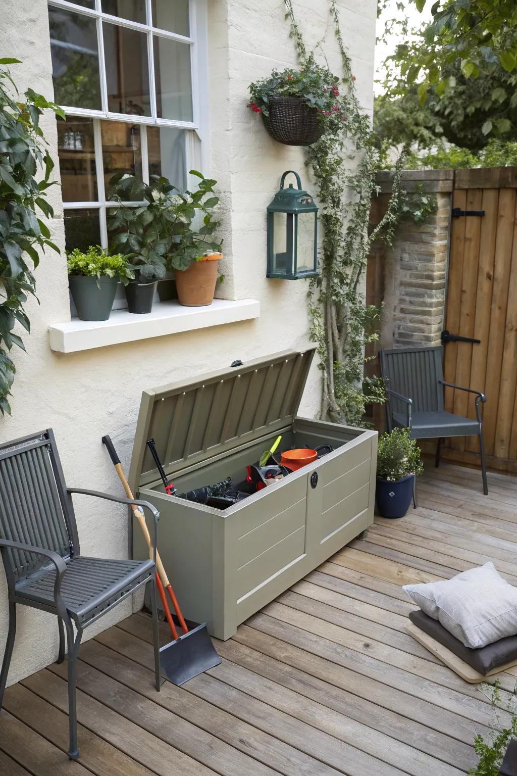 A storage bench on the patio serves as both seating and a hidden tool chest.