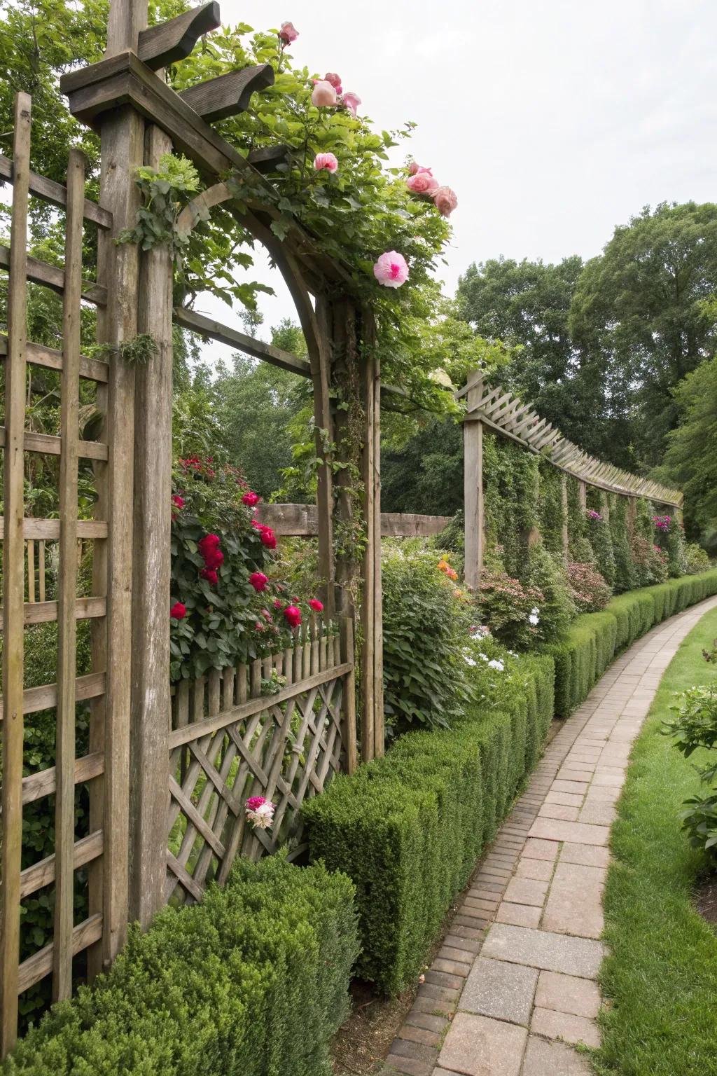 A lattice trellis fence supporting vibrant climbing plants.