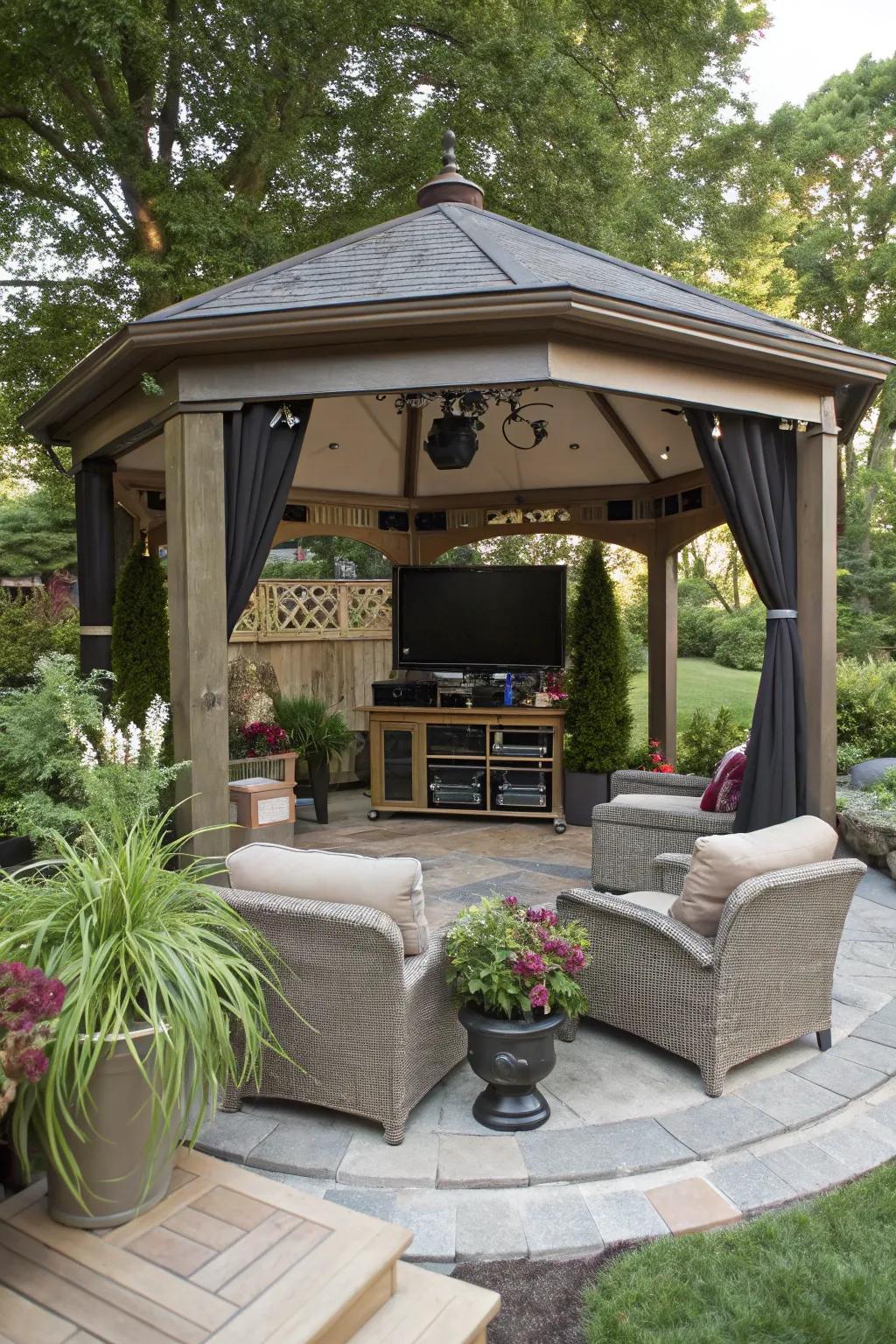 Surround sound enhances the audio experience in your gazebo.